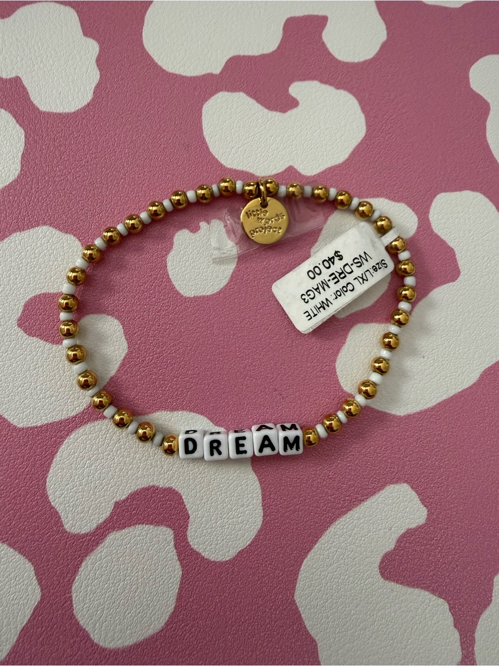 Gold Beaded DREAM Stretch Bracelet with White Letter Beads